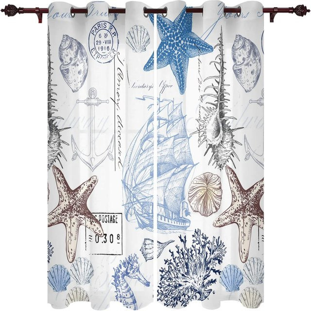 2er-Set Yiran Furniture Vorhänge mit Anker- und Seestern-Motiv in Maritim-Design, Streifenmuster, halbtransparent, Weiß, B: 70 cm, H: 185 cm - Bild 1