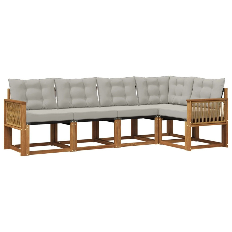 vidaXL Outdoor-Sofagarnitur in L-Form aus massivem Akazienholz mit Textilene und 5 Kissen in Natur und Hellgrau - Bild 2