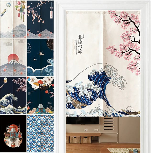 VIKAMA Japanischer Leinen-Warmvorhang Halbpaneel mit Fuji-Berg-Wellenmuster in Multicolour, Thermovorhang für Schlafzimmer, Küche und Eingangsbereich, Breite: 120 cm, Höhe: 180 cm - Bild 1
