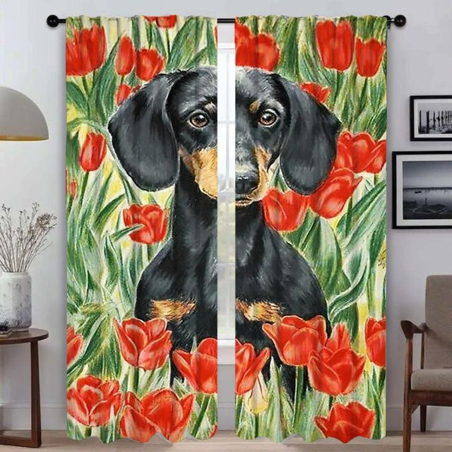 2er-Set Verdunkelungsvorhänge mit Dackel-Motiv für das Wohnzimmer, Mückenschutz und Raumteiler, Mehrfarbig, Breite: 50 cm, Höhe: 70 cm - Bild 1