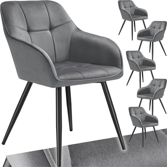 tectake Esszimmerstuhl Marilyn 6er Set, gepolstert in Samtoptik mit Steppmuster und Stahlbeinen, Grau-schwarz, B/T/H: 58 x 62 x 82 cm - Bild 1