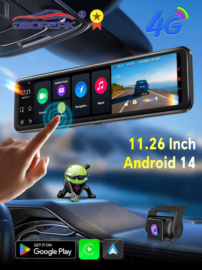OBDPEAK D90 Smart Rückspiegel Dashcam mit 11,26 Zoll KI-Bildschirm, Android 14, 4G+64G, GPS-Navigation, Carplay und Android Auto, Dual-Linsen Videorekorder in Schwarz - Bild 5