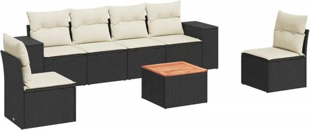 vidaXL 7-teilige Garten-Sofagarnitur aus Poly-Rattan und Akazienholz in Schwarz-Creme mit Kissen - Bild 1