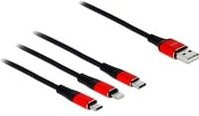 Delock USB 2.0 Ladekabel mit USB-A, USB-C, Micro-USB und Lightning Steckern, Schwarz/Rot, 0,30 m - Bild 1