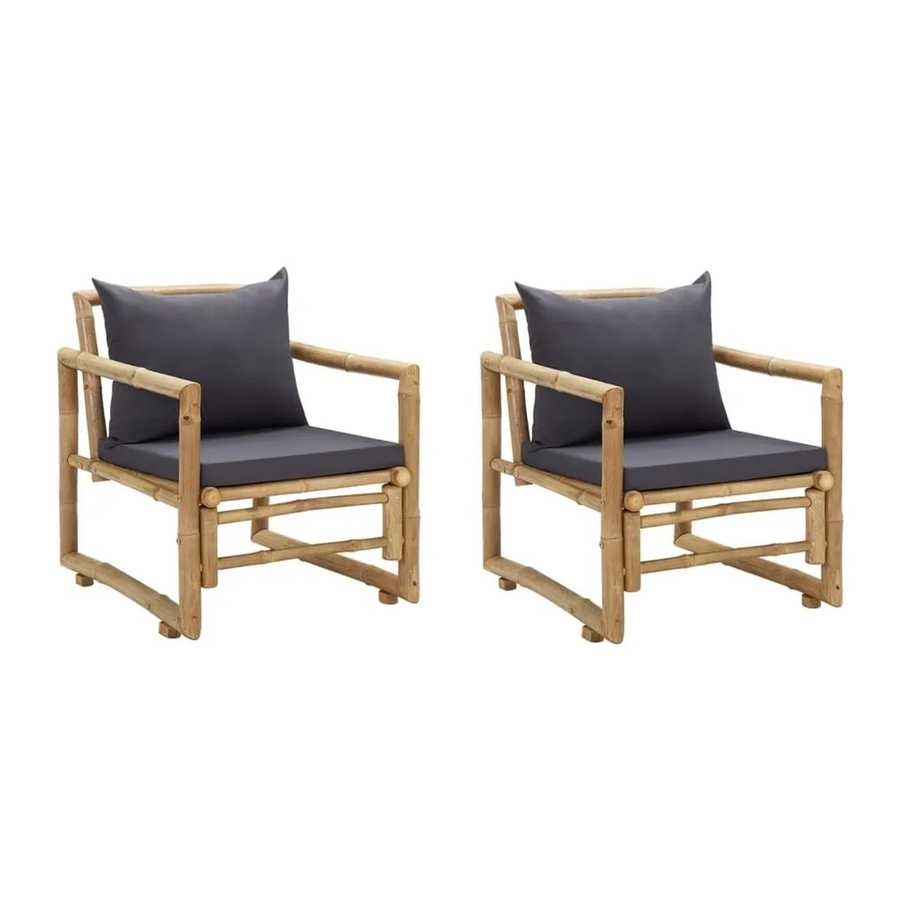 Furnicato Gartenstuhl Set aus Bambus mit grauen Polsterkissen, 2er Pack, rustikales Design mit Armlehnen - Bild 2