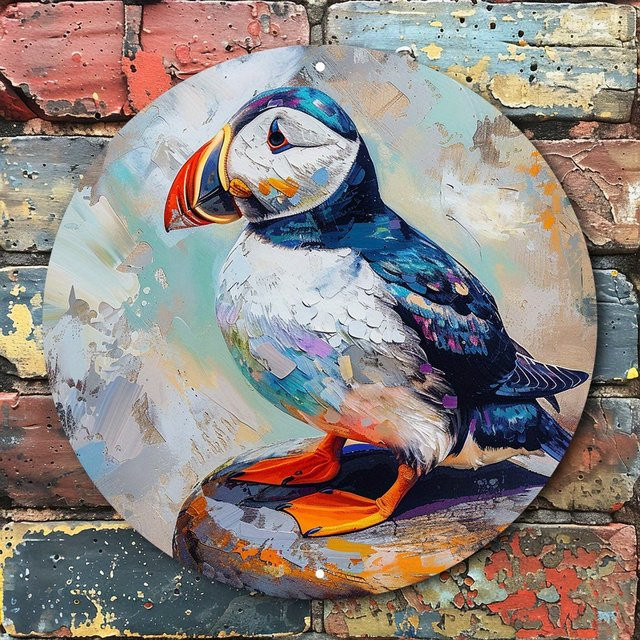 Puffin Art Aluminium-Wandschild mit mehrfarbigem Grafikdesign in Weiß, runde Metall-Wanddekoration mit Tiermotiv - Bild 1