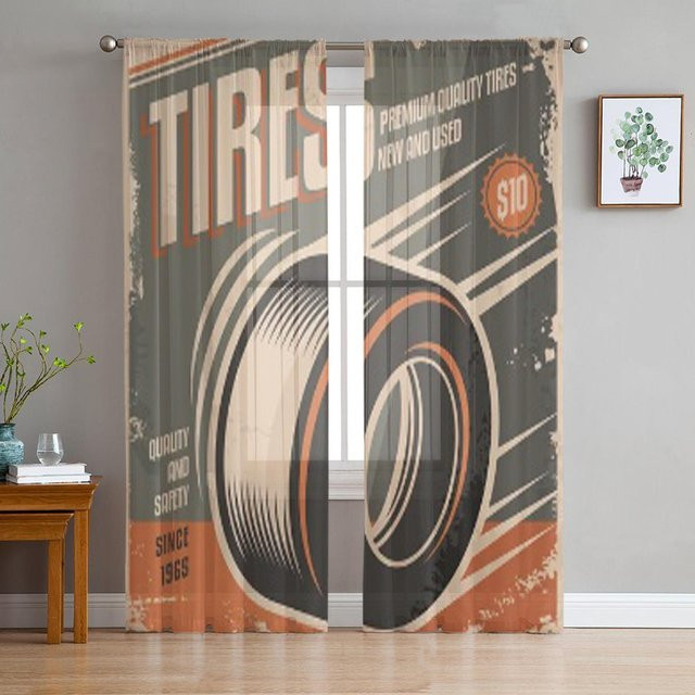 Super Six Voile Organza Vorhang mit Auto Reifen Retro Poster Design in Grau, Breite: 135 cm, Höhe: 114 cm - Bild 1