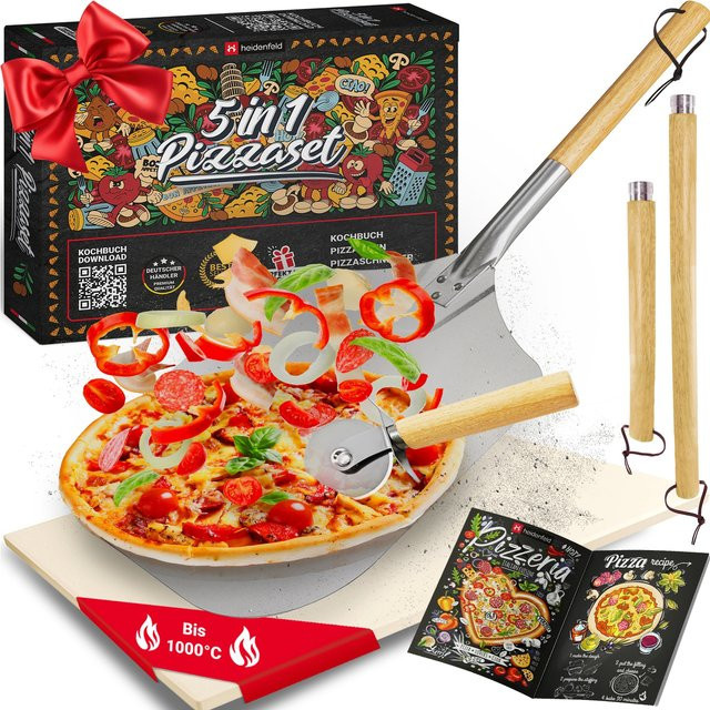 Heidenfeld 5in1 Pizza-Set mit Pizzastein, 2in1 Pizzaschieber und Pizzaschneider aus Edelstahl und Holz in Multicolour - Bild 1