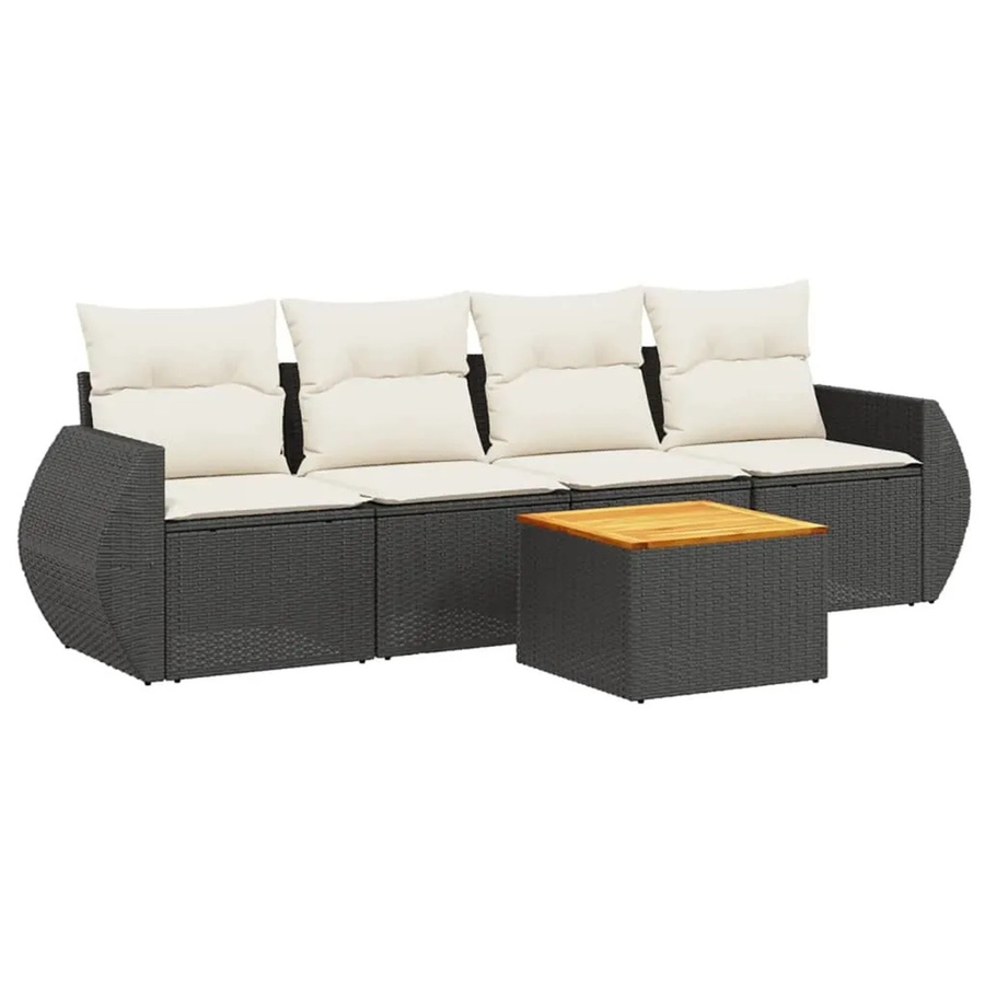 vidaXL 5-teilige Garten-Sofagarnitur aus Poly-Rattan und Akazienholz in Schwarz-Creme mit Kissen - Bild 2