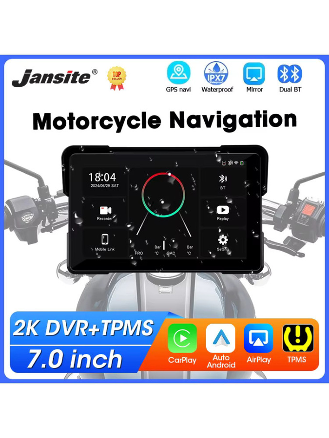Jansite Motorrad Navigation GPS mit 7 Zoll Display, Wireless CarPlay und Android Auto Unterstützung, 2K Kamera und TPMS, Schwarz - Bild 7