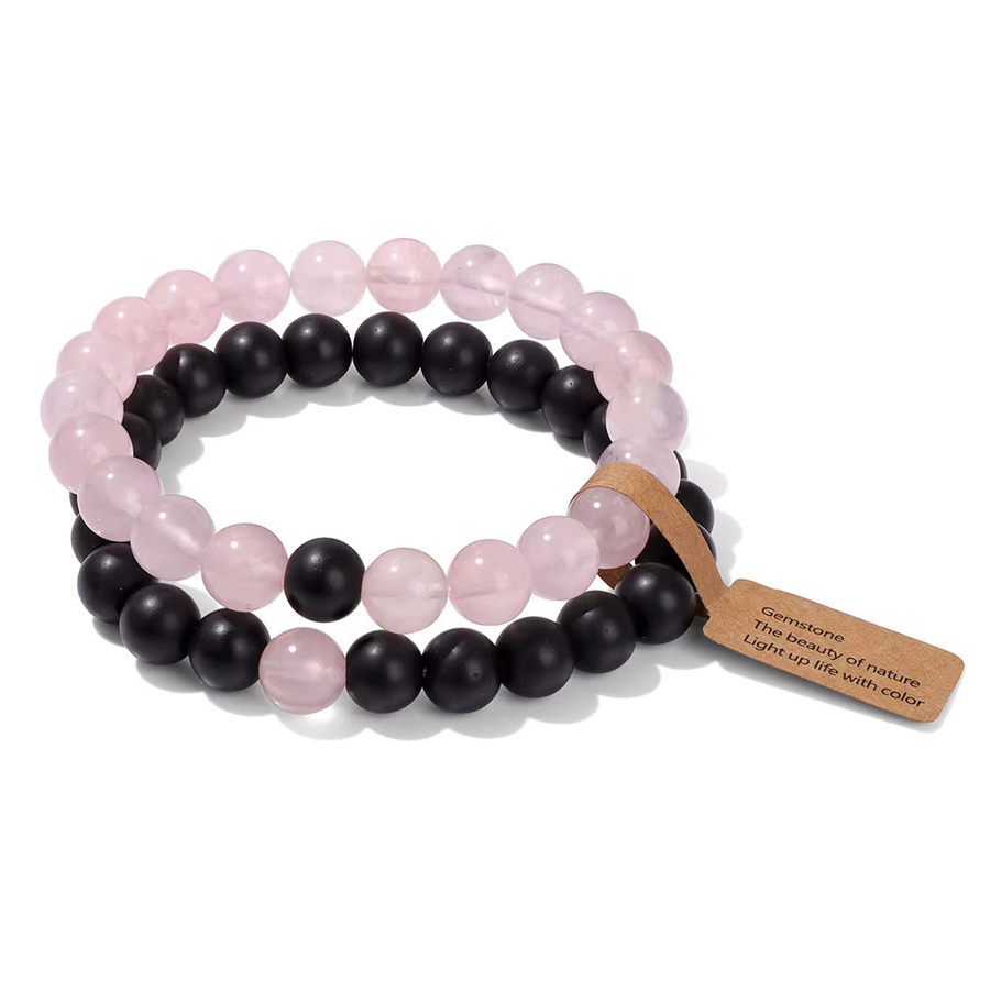 Paar Armbänder Rosenquarz, schwarzer Onyx, Rhodonit, Perlen, Unisex - Bild 2