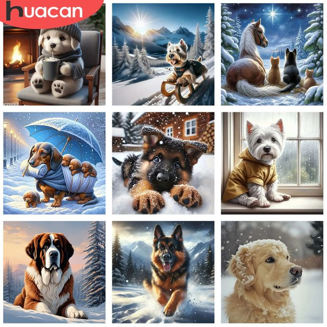 HUACAN Diamant-Mosaik-Set Hund im Winter mit Schnee als Wanddekoration, Mehrfarbig - Bild 1