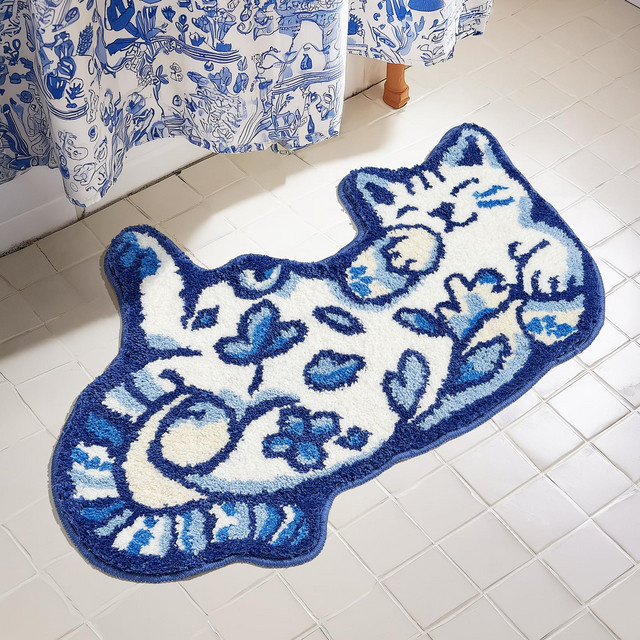 VIKAMA Blue Delft Cat Teppich, rutschfeste und wasserabsorbierende Bodenmatte in Blau für Badezimmer und Kinderzimmer - Bild 1