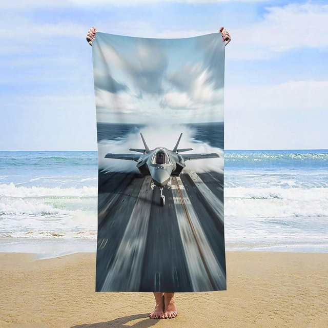 Sandfreies Strandtuch mit Kampfflugzeugmuster von Ka Chen Mutong, schnelltrocknend, Blau/Weiß, B: 50 cm, H: 100 cm - Bild 1