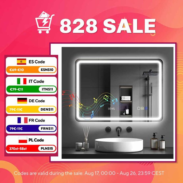 Homcom Badezimmerspiegel mit LED-Beleuchtung, Bluetooth, digitaler Uhr, Anti-Beschlag-Funktion und Memory-Funktion in Schwarz oder Silber - Bild 1