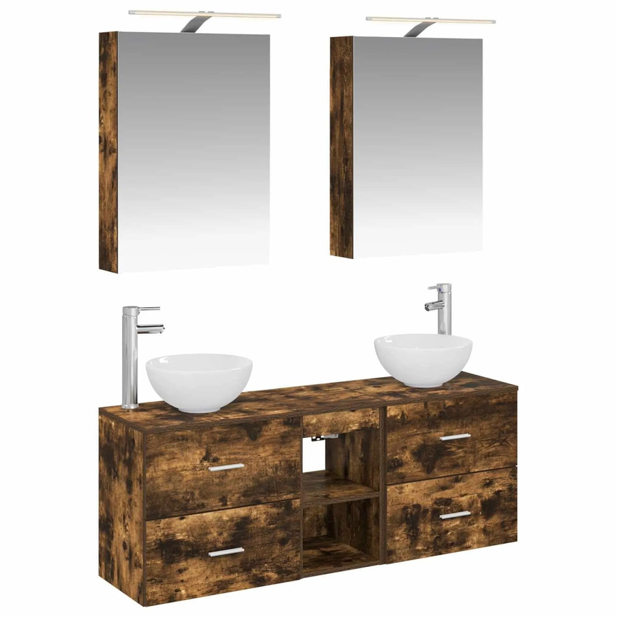 vidaXL Badezimmerschrank-Set aus Holz in Geräucherte Eiche, 5-teiliges modernes Set mit Waschtischunterschrank, Spiegelschrank mit LED-Beleuchtung und Wandunterschrank, Farbe: Braun, B/T/H: 50 x 14,5 x 70 cm - Bild 2