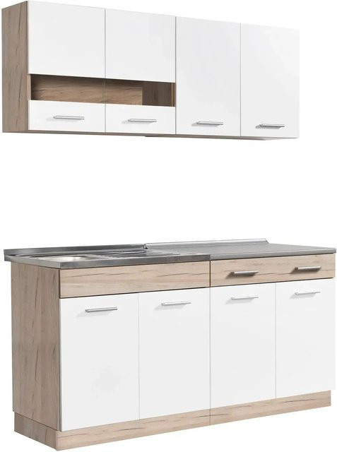 Homestyle4u Moderne Küchenzeile aus Holz in Eiche Braun und Weiß mit Glastüren, B/T/H: 160 x 60 x 206,5 cm - Bild 1