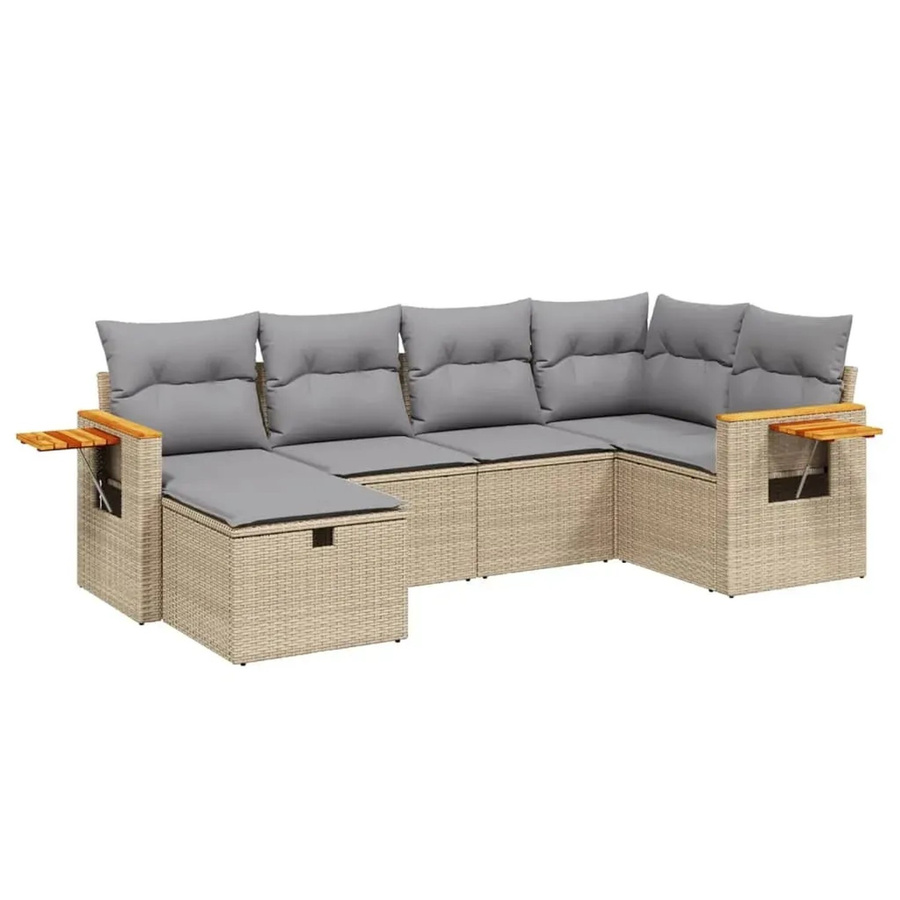 vidaXL 6-teilige Garten-Sofagarnitur in L-Form aus Poly Rattan mit Kissen und Ottoman, Beige/Grau - Bild 2
