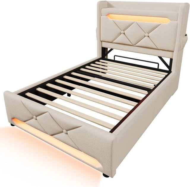 okwish Polsterbett Beige mit LED-Unterbettbeleuchtung, USB-Anschluss und Stauraum inklusive Matratze B/T/H: 90 x 200 x 111 cm - Bild 1