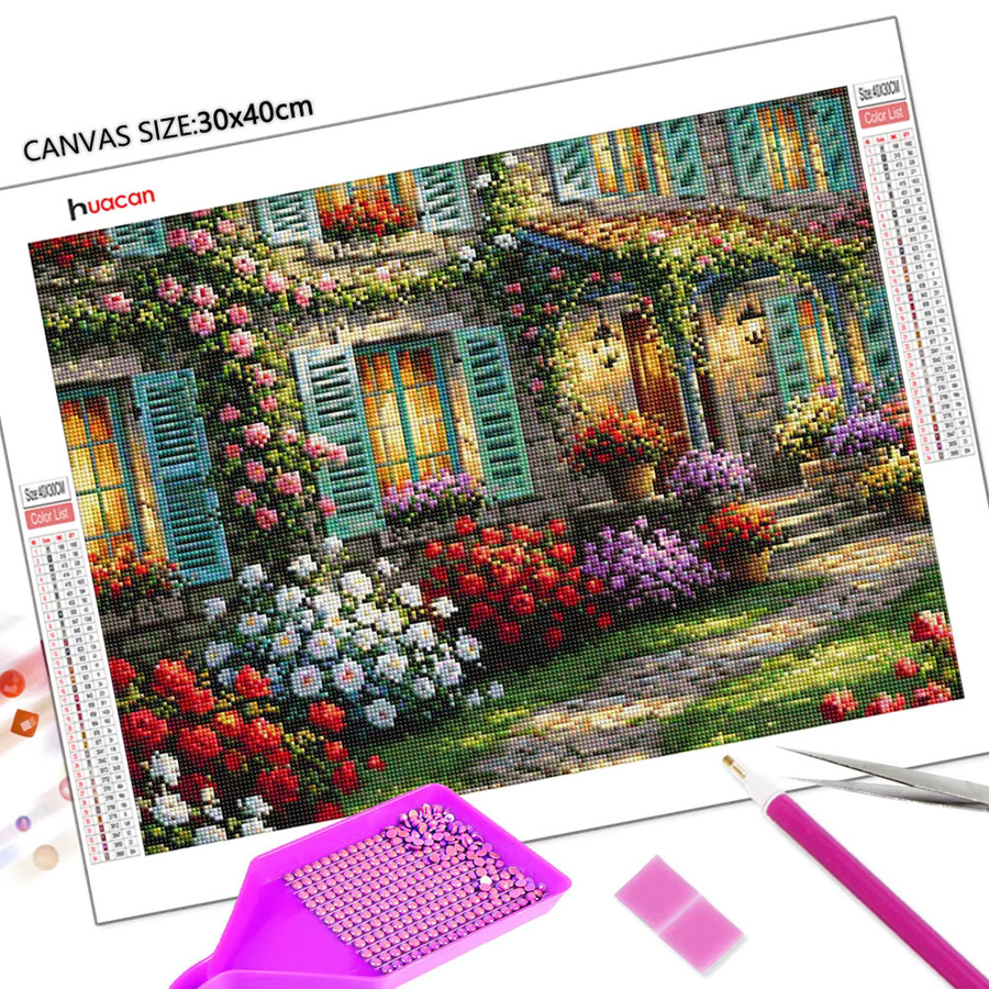 Huacan Diamant-Malset Frühlingsblumen-Haus Landschaft mit runden Steinen in Multicolour, Breite: 30,0 cm, Höhe: 20,0 cm - Bild 2