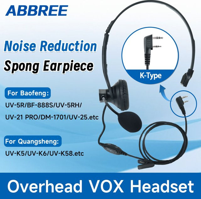 ABBREE 2Pin K Stecker Walkie Talkie Overhead Headset mit PTT/VOX Mikrofon für Baofeng UV-5R UV-21 PRO UV-5RH und Quansheng UV-K5 UVK6 in Schwarz - Bild 1