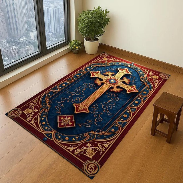 LjqTwelve Christlicher Gebetsteppich mit Keltischem Kreuz Muster, Rutschfest und Waschbar, Blau, B/H: 60 x 40 cm - Bild 1