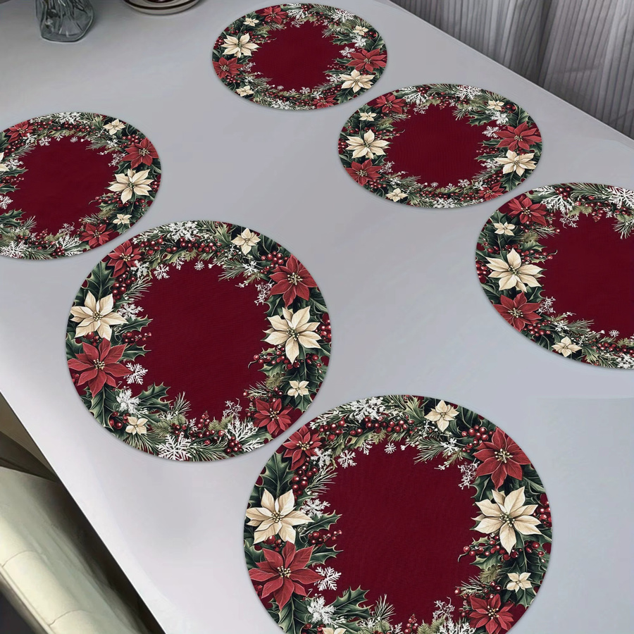 VIKAMA 6er Set Weihnachtliche Tischsets mit Holly Blättern und roten Beeren in Rot und Grün - Bild 2