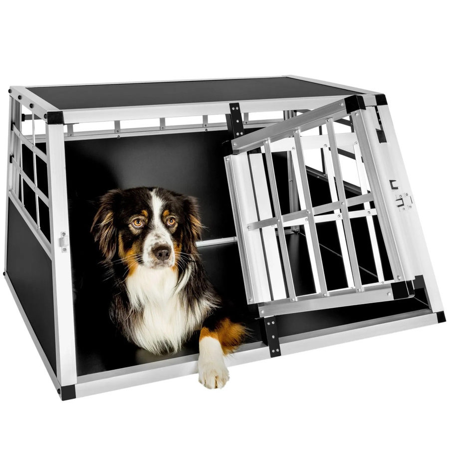 tectake Hundetransportbox Doppel aus Aluminium und furniertem Holz mit gerader Rückwand und Gittertür, Schwarz, B: 89 cm, T: 69 cm, H: 50 cm - Bild 3