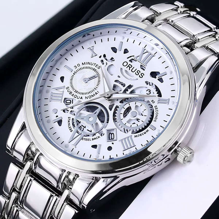 ORUSS Armbanduhr Quarz, Edelstahl, Herren, Weiß, Gold - Bild 1