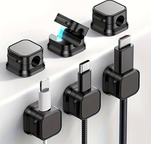 6 Stück magnetische Kabelklemmen als verstellbare Ladekabel-Aufbewahrungsclips in Schwarz und Weiß für Büro, Schreibtisch, Auto und Zuhause - Bild 1