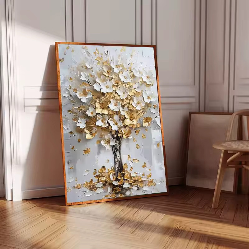Modernes Leinwand Poster Golden Blossom Tree mit orangefarbenen und rosa Blumen als florale Wandkunst für dein Wohnzimmer - Bild 2