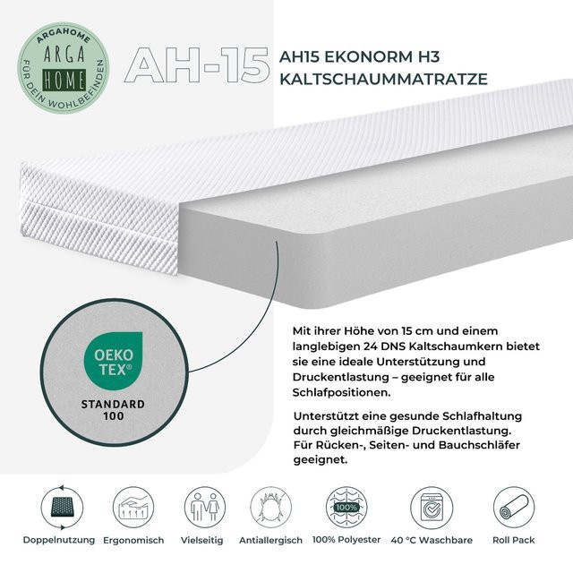 Arga Home AH15 EKONORM H3 Kaltschaummatratze mit abnehmbarem Bezug, Höhe: 15 cm - Bild 1