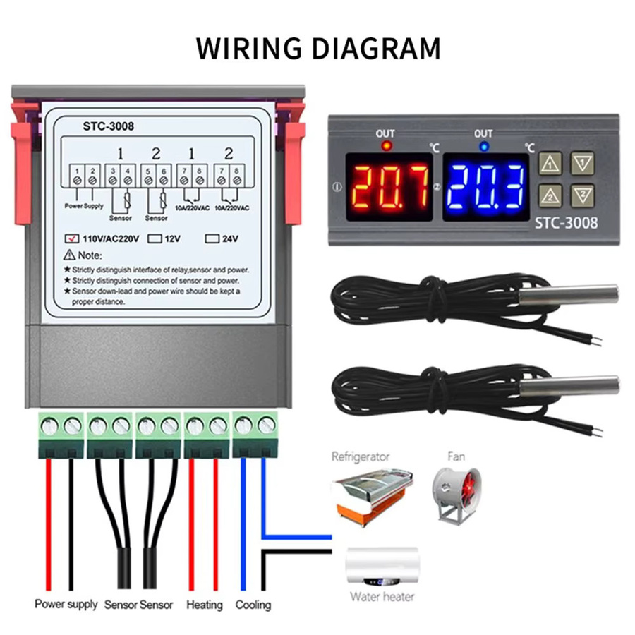 STC-3008 Dual Digital Temperatur Controller von RUIBOZHI in Schwarz mit zwei Relais Ausgängen und Sonde - Bild 3