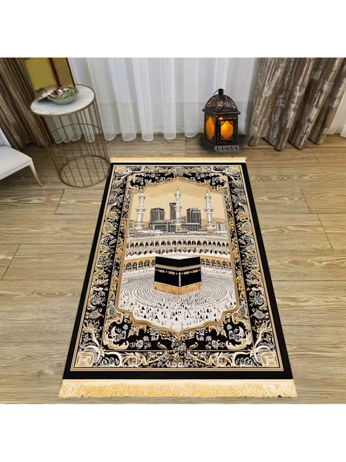 VIKAMA Luxus-Gebetsteppich mit Quasten, rutschfest und faltbar, orientalisch klassisches Design in Schwarz - Bild 6
