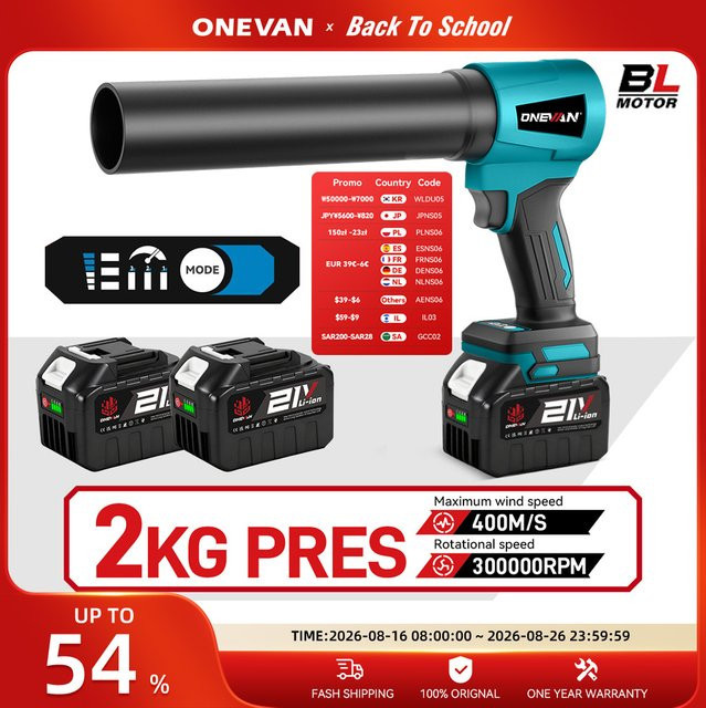 ONEVAN Elektrischer Turbo Gebläse Jet Fan Handheld Bladblazer 4000W 300000 RPM Schwarz für Makita 18V Akku - Bild 1