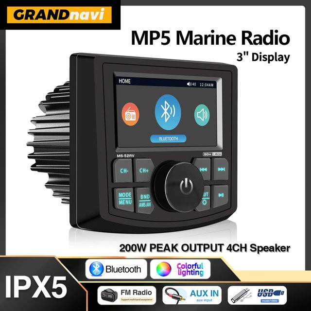 GRANDnavi Marine Stereo MP5 Radio Player mit Bluetooth, FM/AM/RDS und IPX5 Wasserdichtigkeit in Schwarz - Bild 1