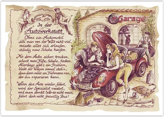 Vintage Zunftbild Autowerkstatt als Poster auf Antikpapier in den Farben Braun, Schwarz und Multicolour, Format A4