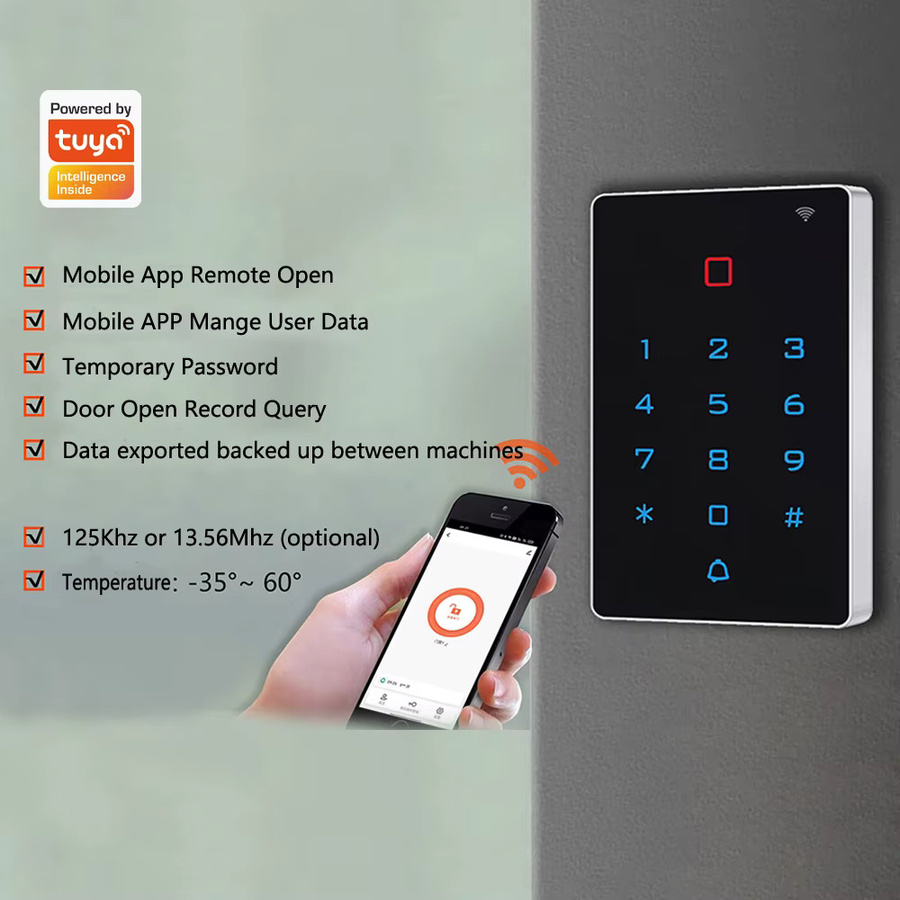 Asia-Teco Intelligentes Zugangskontrollsystem WG26/34 mit Tuya App WiFi Unterstützung, Regenfester Touch-Alarm-Tastatur-Controller in Schwarz - Bild 2
