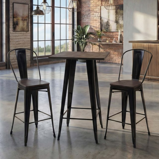 MCW Stehtisch-Set A73 mit 2 Barhockern aus Metall und Ulmenholz in Schwarz im Industriedesign - Bild 1
