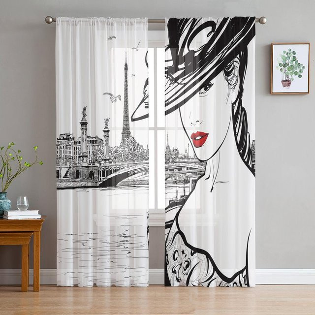 Super Six Chiffon-Vorhang mit Retro-Mädchen und Grammophon-Motiv, Weiß, Breite: 135 cm, Höhe: 114 cm - Bild 1