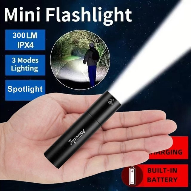 Alonefire Mini-Taschenlampe in Schwarz, wiederaufladbar über USB, aus Metall für Outdoor, Camping und Notfälle - Bild 1