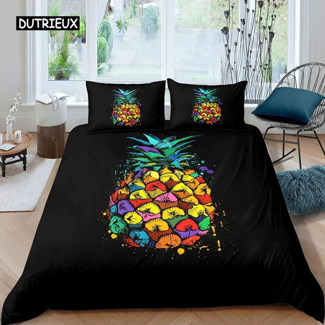 Jinmeige Bettwäsche-Set mit Ananas-Print in Gelb und Schwarz, 3-teilig aus Mikrofaser, B/H: 140 x 200 cm - Bild 1
