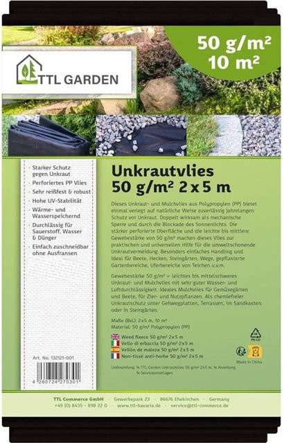 TTL GARDEN Unkrautvlies Schwarz 50g/m², B/T: 2 x 5 m, 10m² Mulchvlies UV-stabil - Bild 1