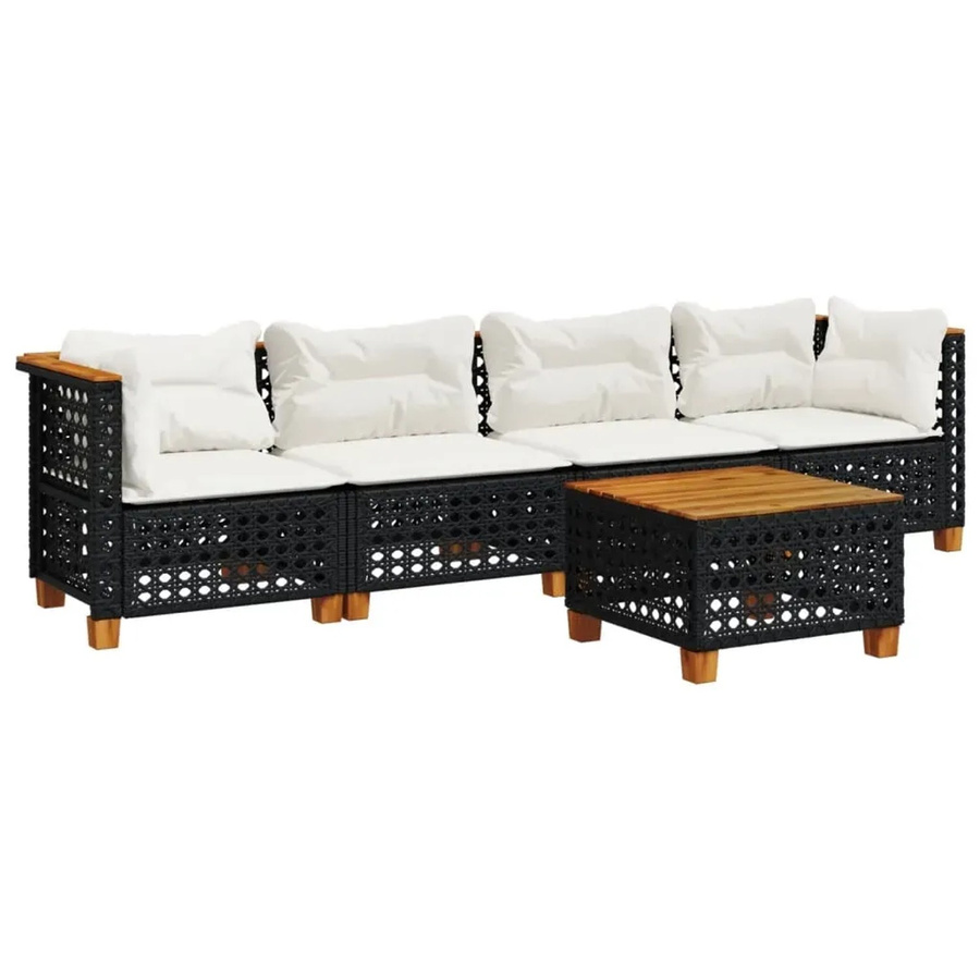 vidaXL 5-teilige Garten-Sofagarnitur mit Kissen aus Poly-Rattan und Akazienholz in Schwarz - Bild 2