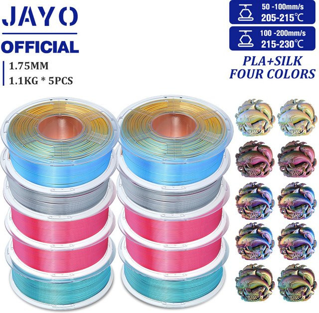 JAYO Silk PLA+ 3D-Drucker-Filament Set, 1,75 mm, 5 Rollen Multicolor mit glänzendem Silk-Effekt für FDM-Drucker - Bild 1