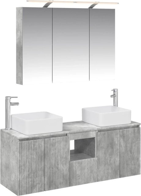 vidaXL Badezimmerschrank-Set 4-teilig in Betongrau mit LED-Beleuchtung und Waschtischunterschrank, B: 100 cm, T: 14,5 cm, H: 70 cm - Bild 1