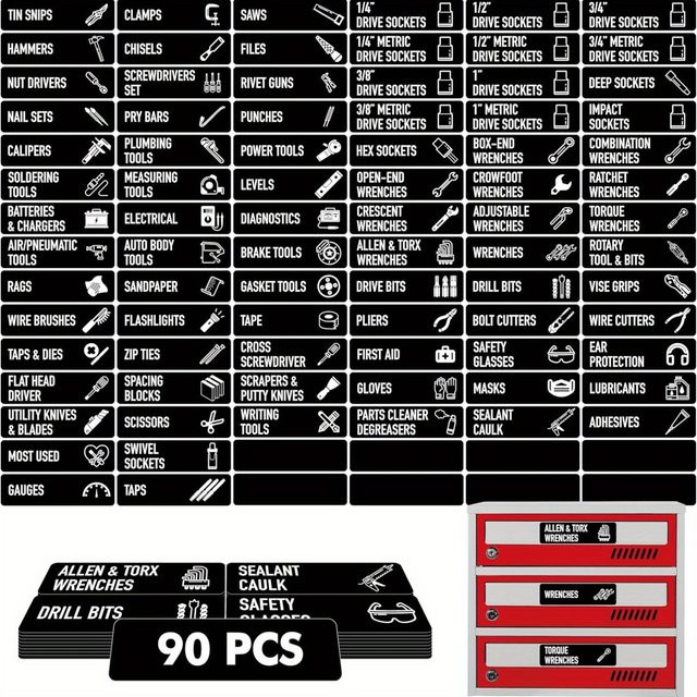 90 Stück Werkzeugkasten-Etiketten aus schwarzem Vinyl für Stahlschubladen und Werkzeugkästen - Bild 1