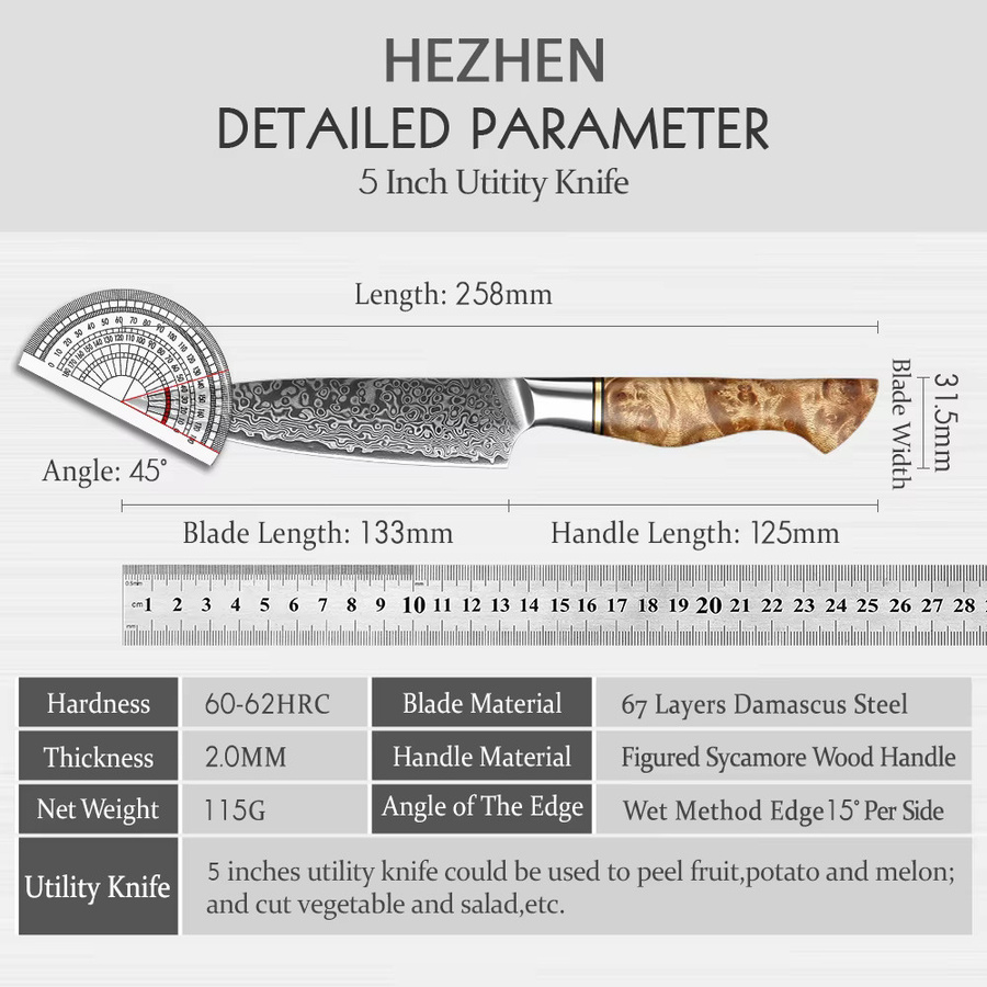 Hezhen Utility Messer aus 67 Schichten Damaststahl in Silber mit Holzgriff, 12,7 cm - Bild 6
