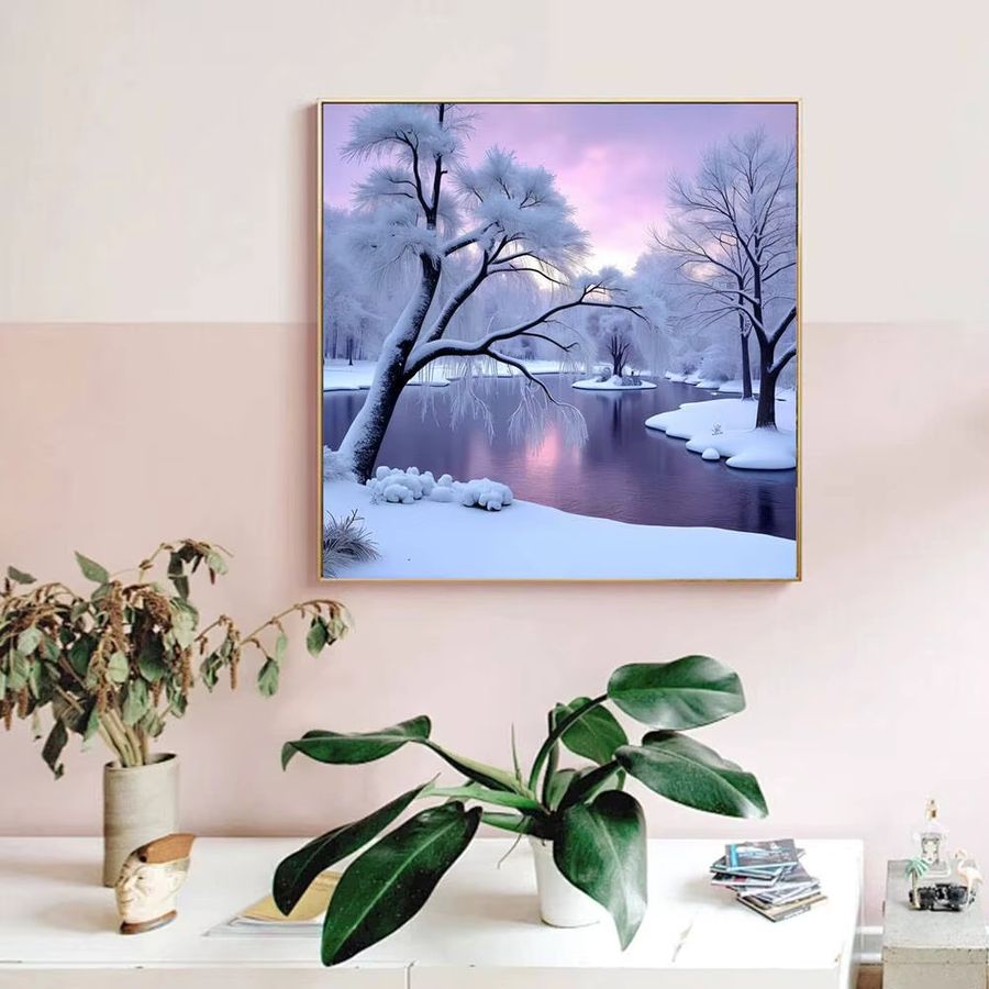 HUACAN Diamantmalerei Set Landschaft mit Schnee Fluss und Wald, Full Round Mosaik Kunstset, B/H: 20 x 20 cm - Bild 3