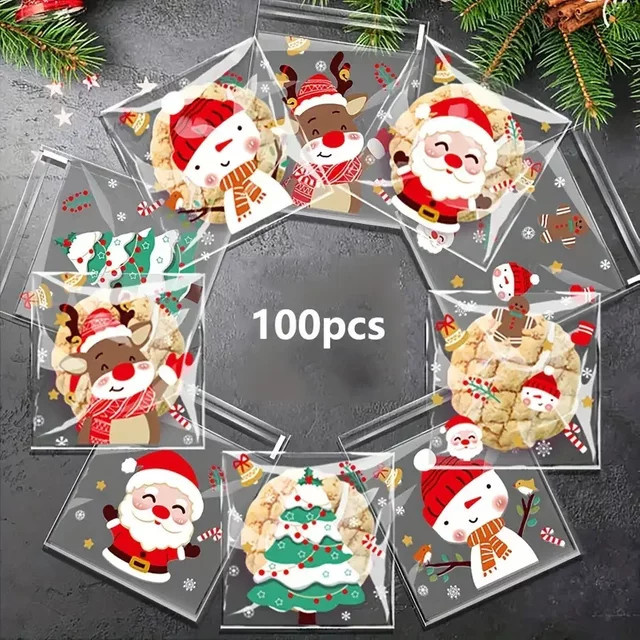 100 Stück Weihnachtliche Süßigkeiten- und Keksbeutel aus transparentem Kunststoff mit festlichen Cartoon-Designs zum Selbstdichten - Bild 1